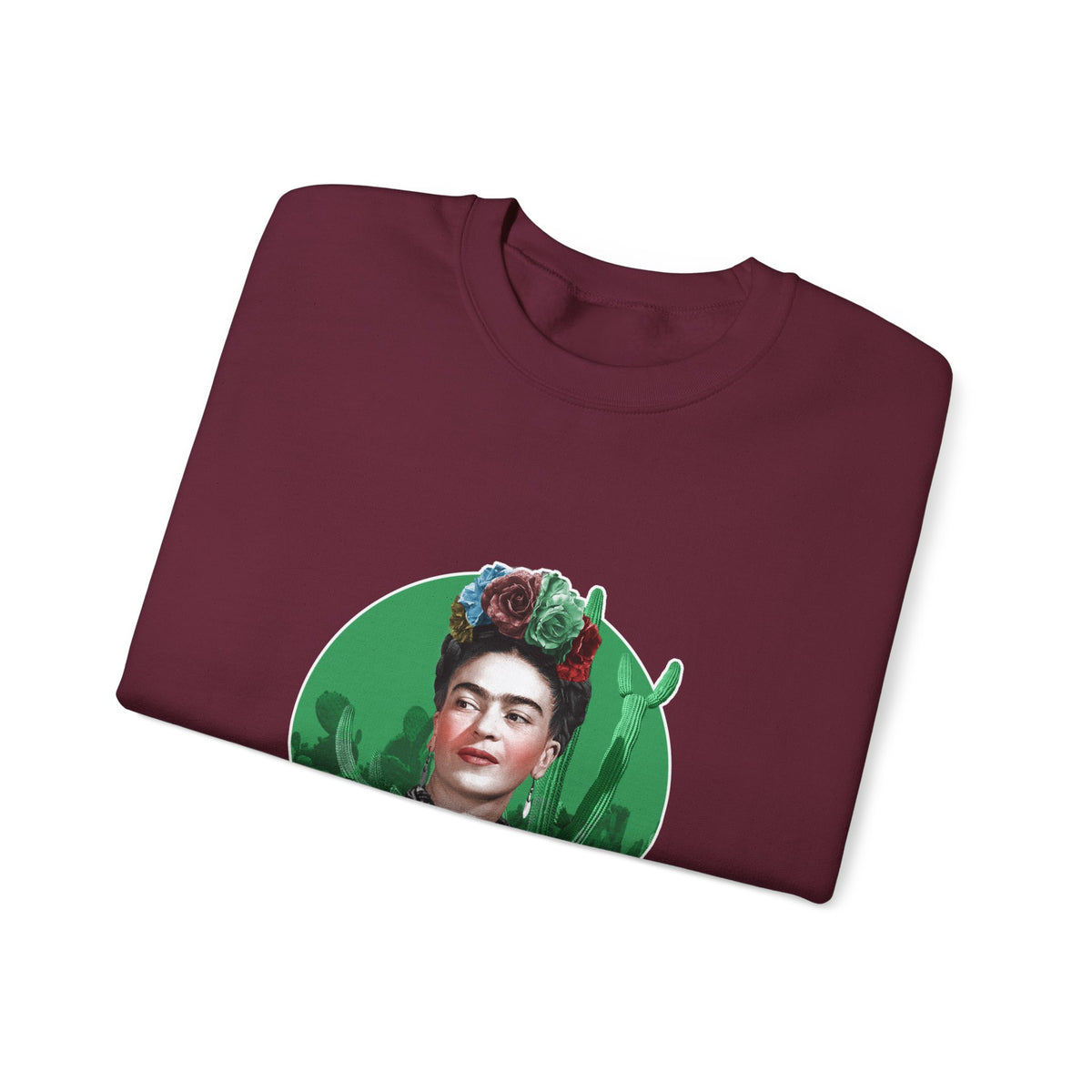 Frida Kahlo Cactus Garden Medallion Crewneck Sweatshirt in Maroon, folded