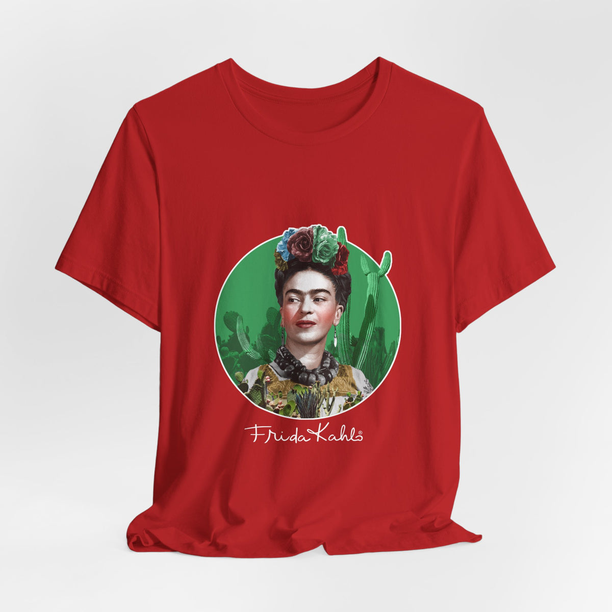 Frida Kahlo Cactus Garden Medallion T-Shirt in Red, hanging