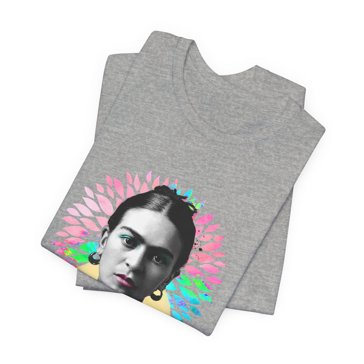 Frida Kahlo Flower Halo Portrait T-Shirt in Athletic Heather, folded