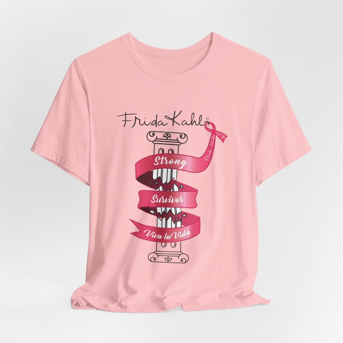 Frida Kahlo Pink Ribbon Banner Breast Cancer Awareness T-Shirt in Pink, lifestyle photo