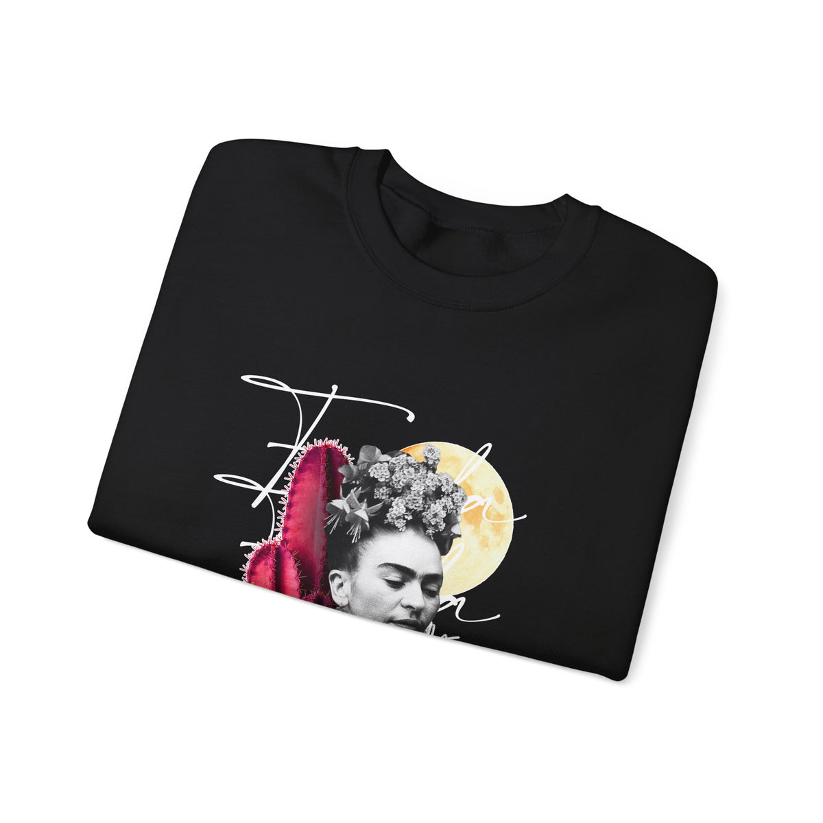 Frida Kahlo Moonlight Script Collage Crewneck Sweatshirt in Black, folded