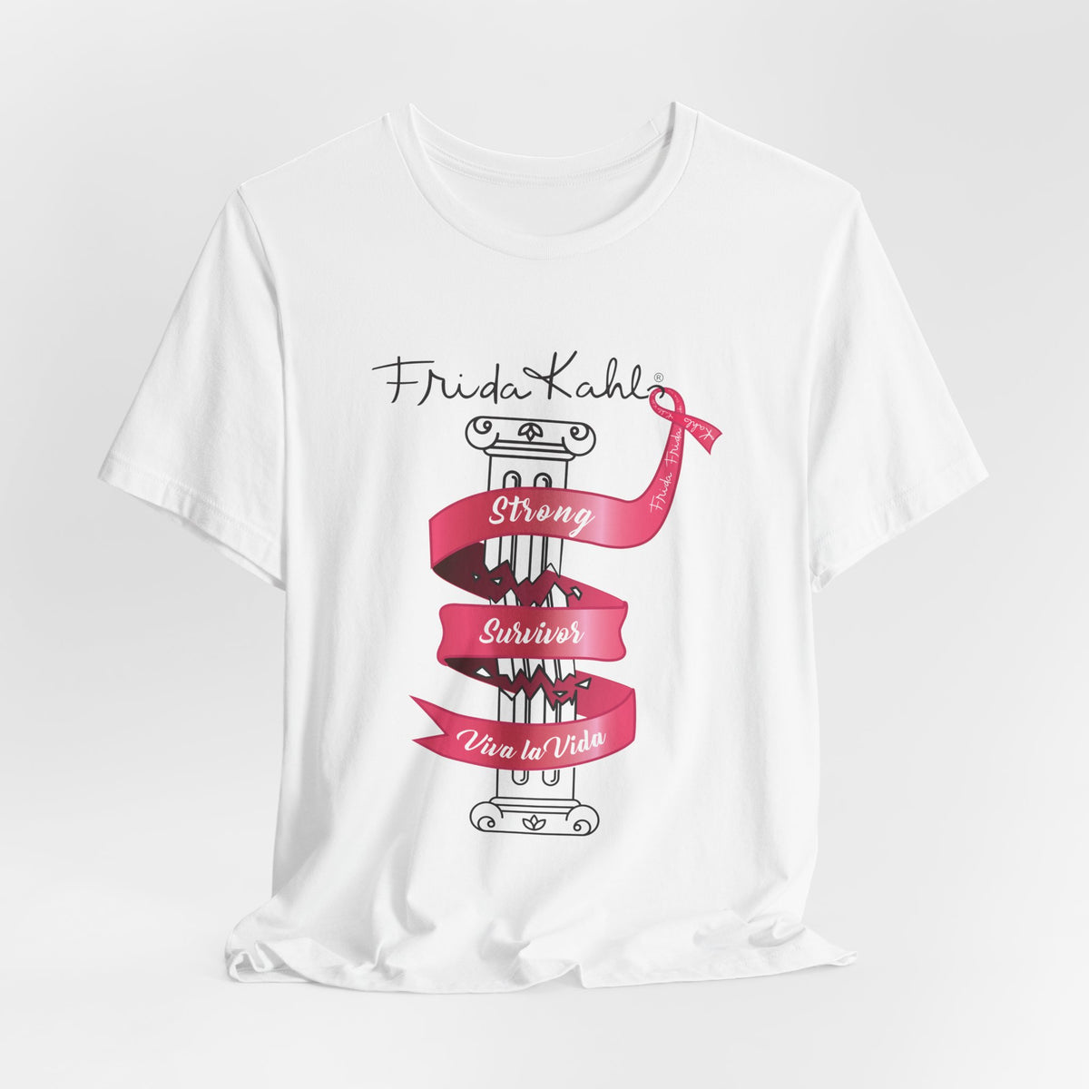 Frida Kahlo Pink Ribbon Banner Breast Cancer Awareness T-Shirt in White, lifestyle photo