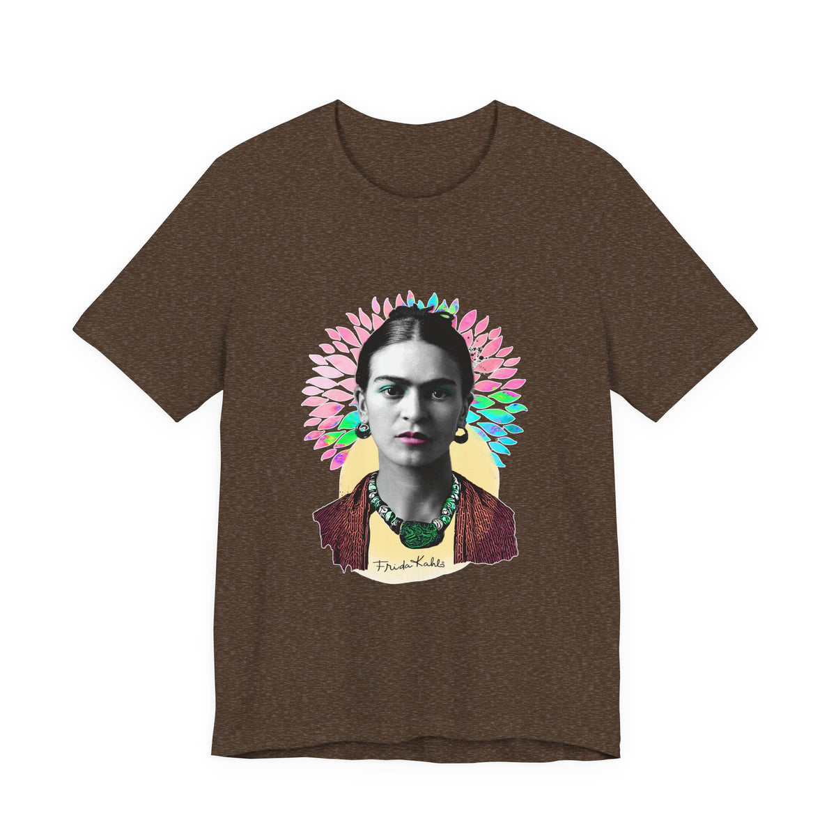 Frida Kahlo Flower Halo Portrait T-Shirt in Heather Brown, front