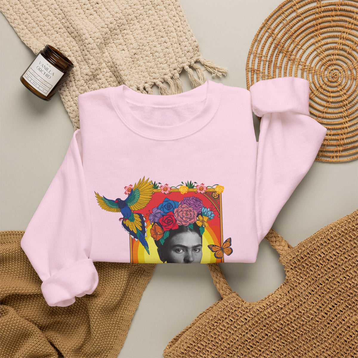 Frida Kahlo Hummingbird Golden Frame Crewneck Sweatshirt in Light Pink, flat lay styled