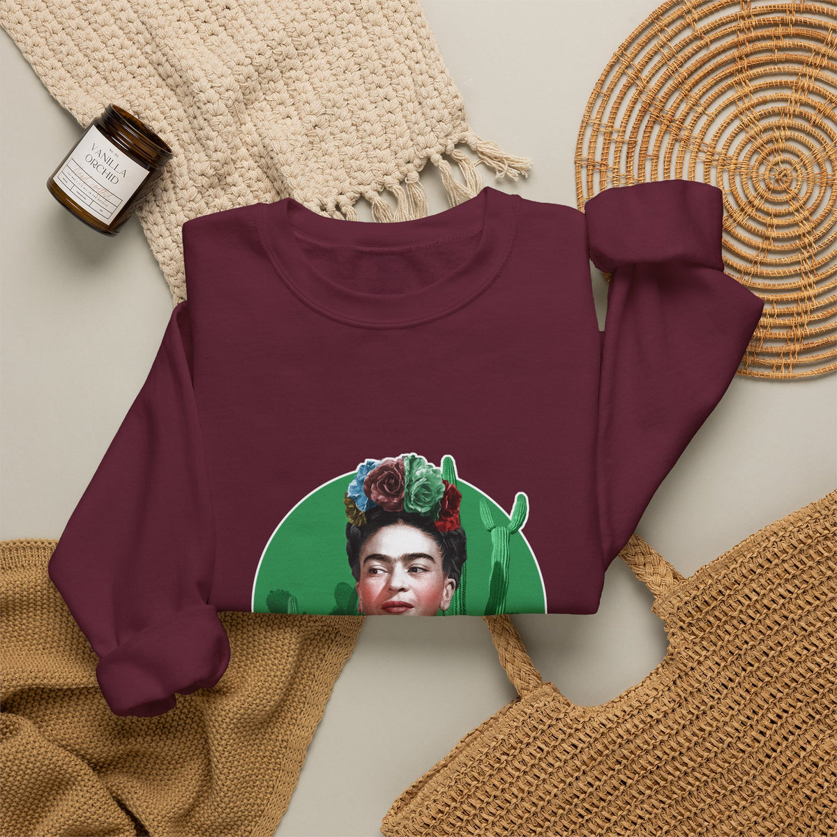 Frida Kahlo Cactus Garden Medallion Crewneck Sweatshirt in Maroon, flat lay styled