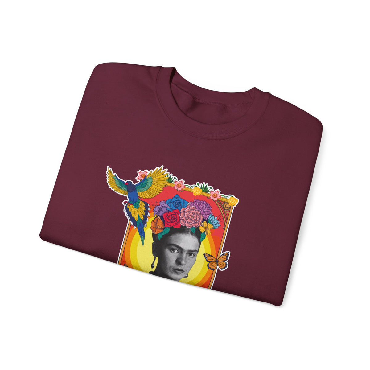 Frida Kahlo Hummingbird Golden Frame Crewneck Sweatshirt in Maroon, folded