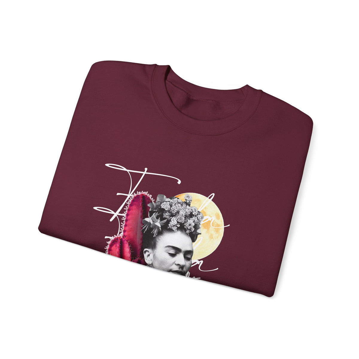 Frida Kahlo Moonlight Script Collage Crewneck Sweatshirt in Maroon, folded