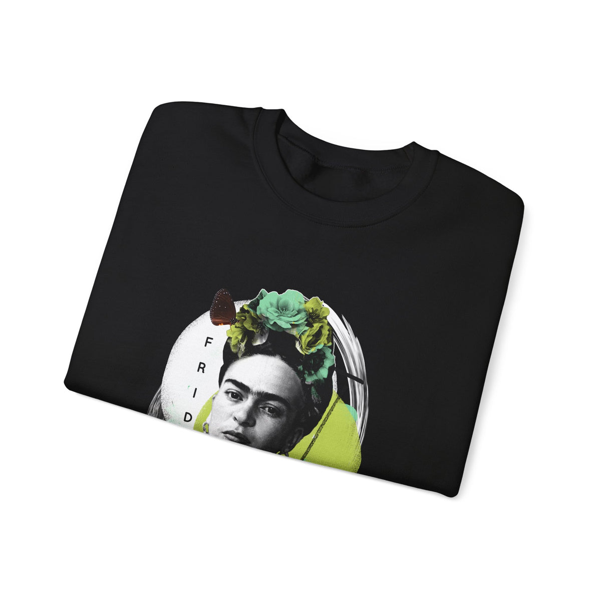 Frida Kahlo Modern Collage Portrait Crewneck Sweatshirt in Black, folded