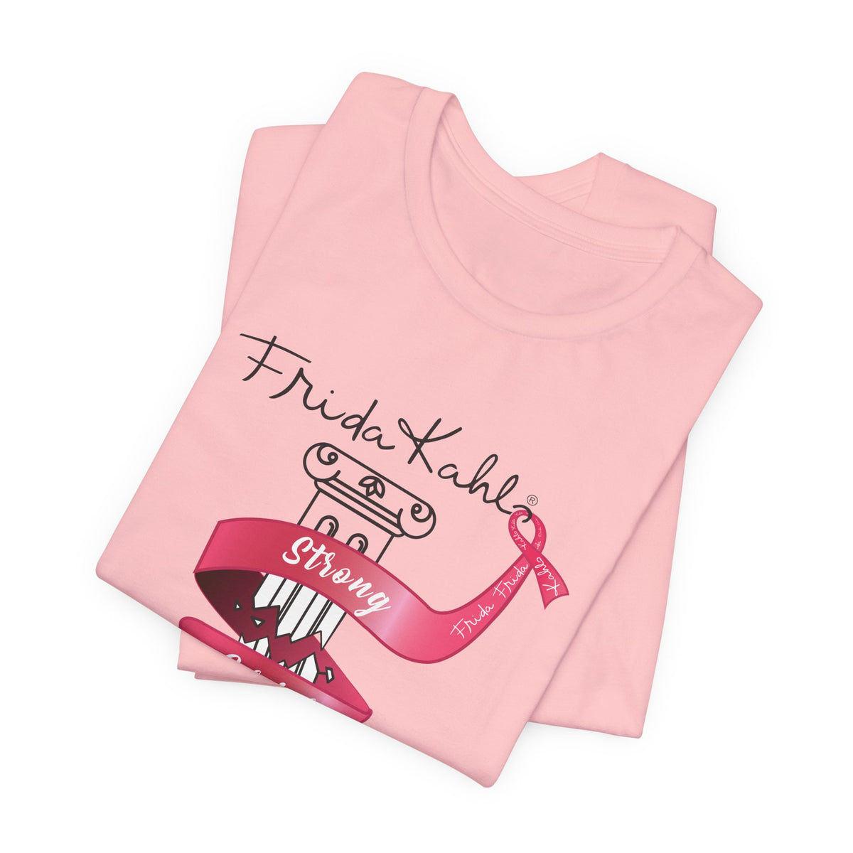 Frida Kahlo Pink Ribbon Banner Breast Cancer Awareness T-Shirt in Pink, folded