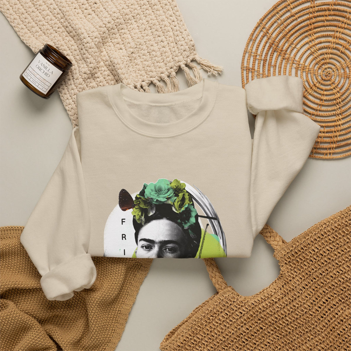 Frida Kahlo Modern Collage Portrait Crewneck Sweatshirt in Sand, flat lay styled