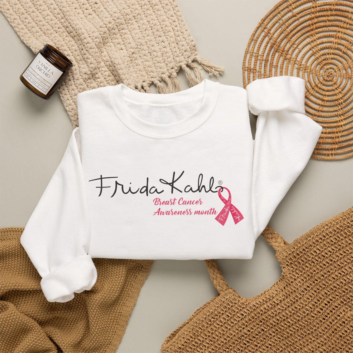 Frida Kahlo Signature Pink Ribbon Breast Cancer Awareness Sweatshirt