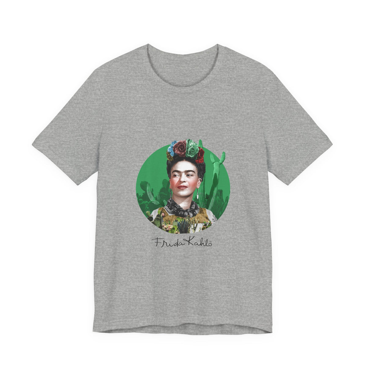 Frida Kahlo Cactus Garden Medallion T-Shirt in Athletic Heather, front