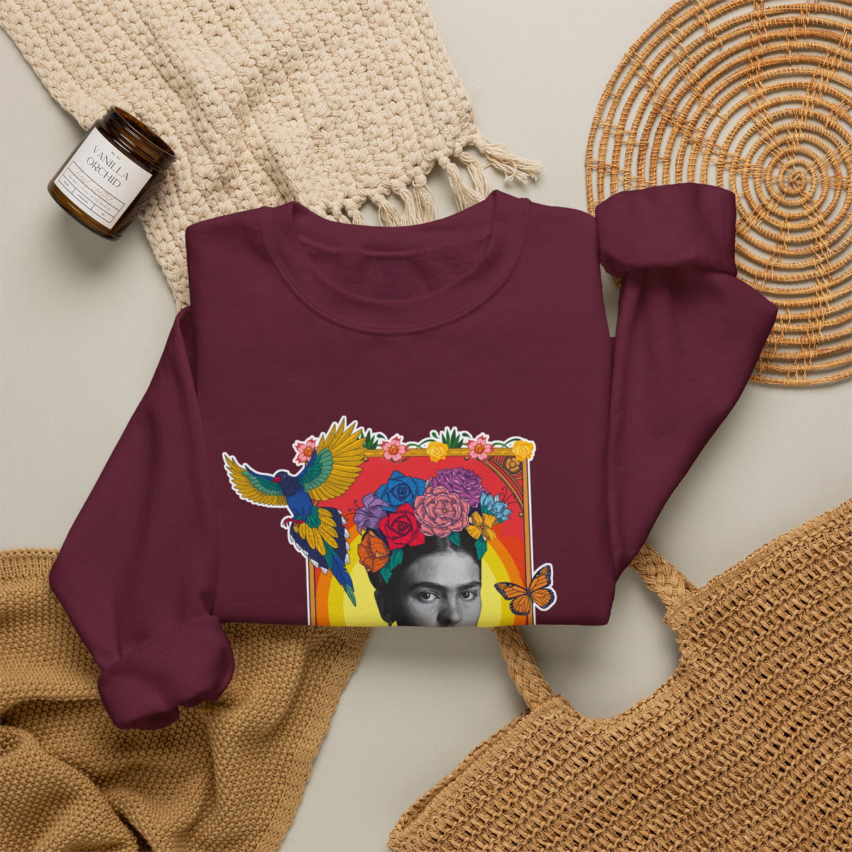 Frida Kahlo Hummingbird Golden Frame Crewneck Sweatshirt in Maroon, flat lay styled