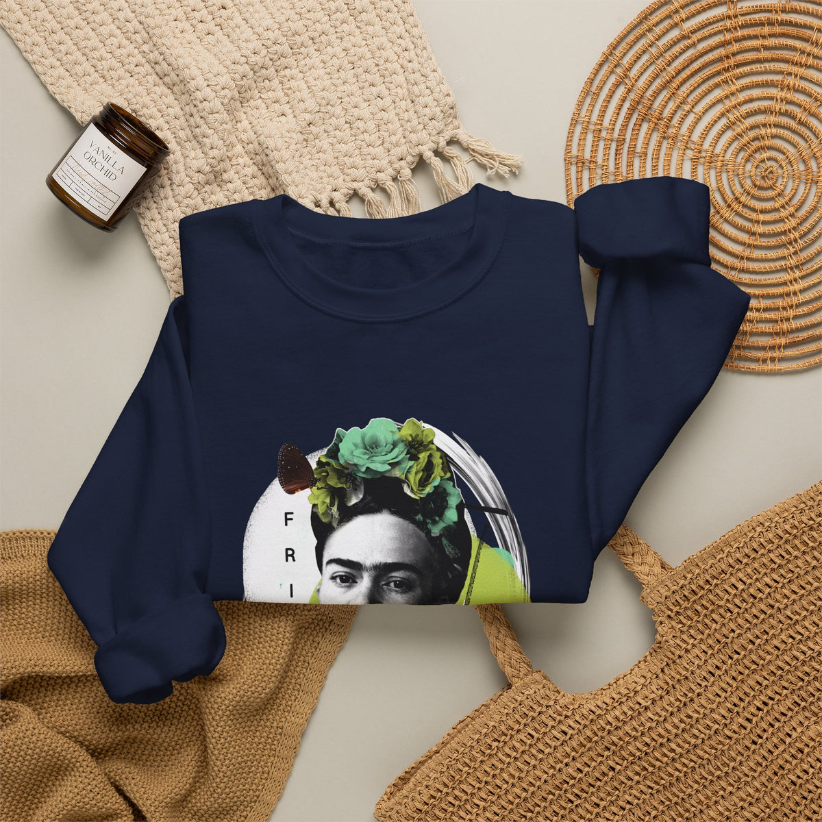 Frida Kahlo Modern Collage Portrait Crewneck Sweatshirt in Navy, flat lay styled