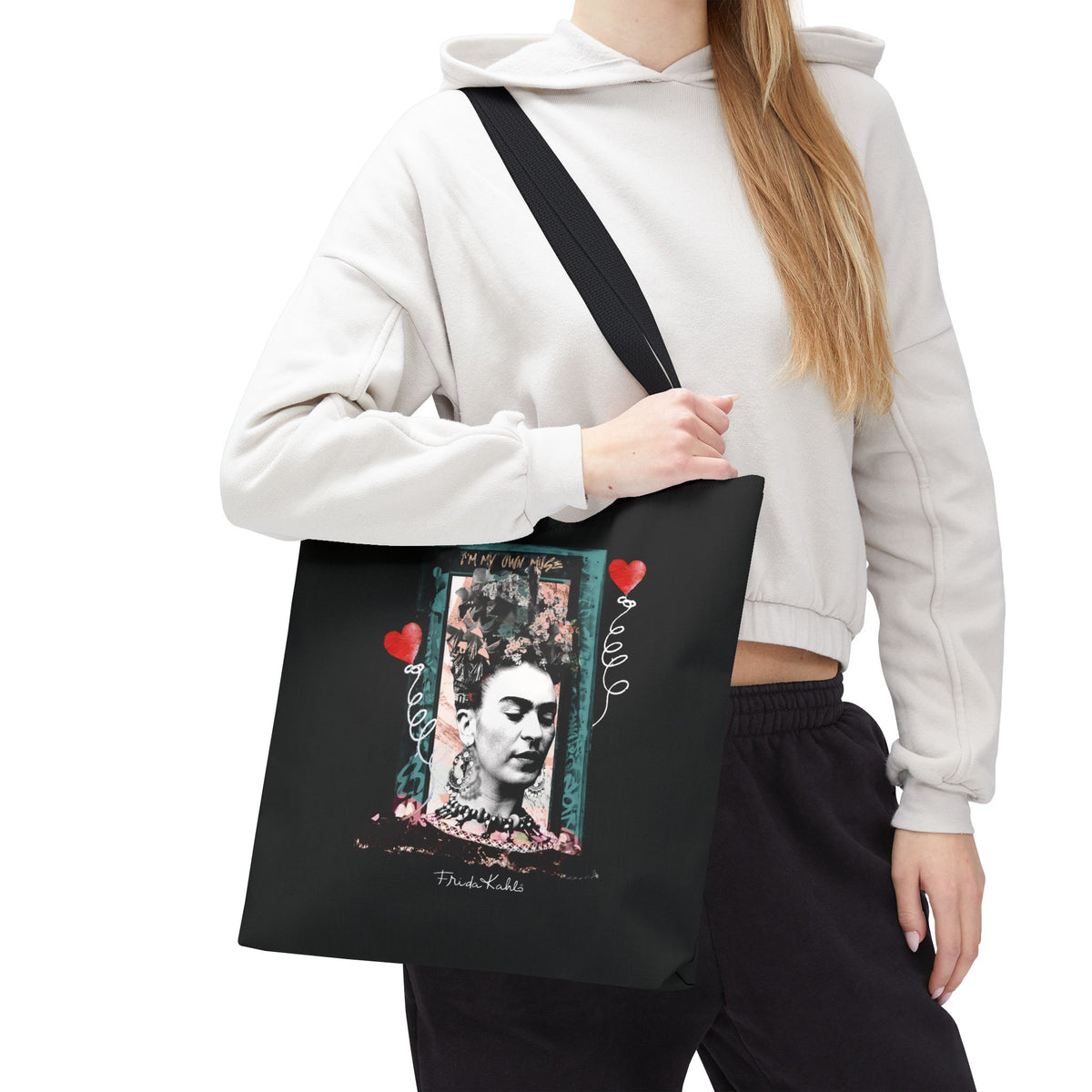 Frida Kahlo Vintage Frame Hearts Tote Bag - 16" × 16'', lifestyle photo