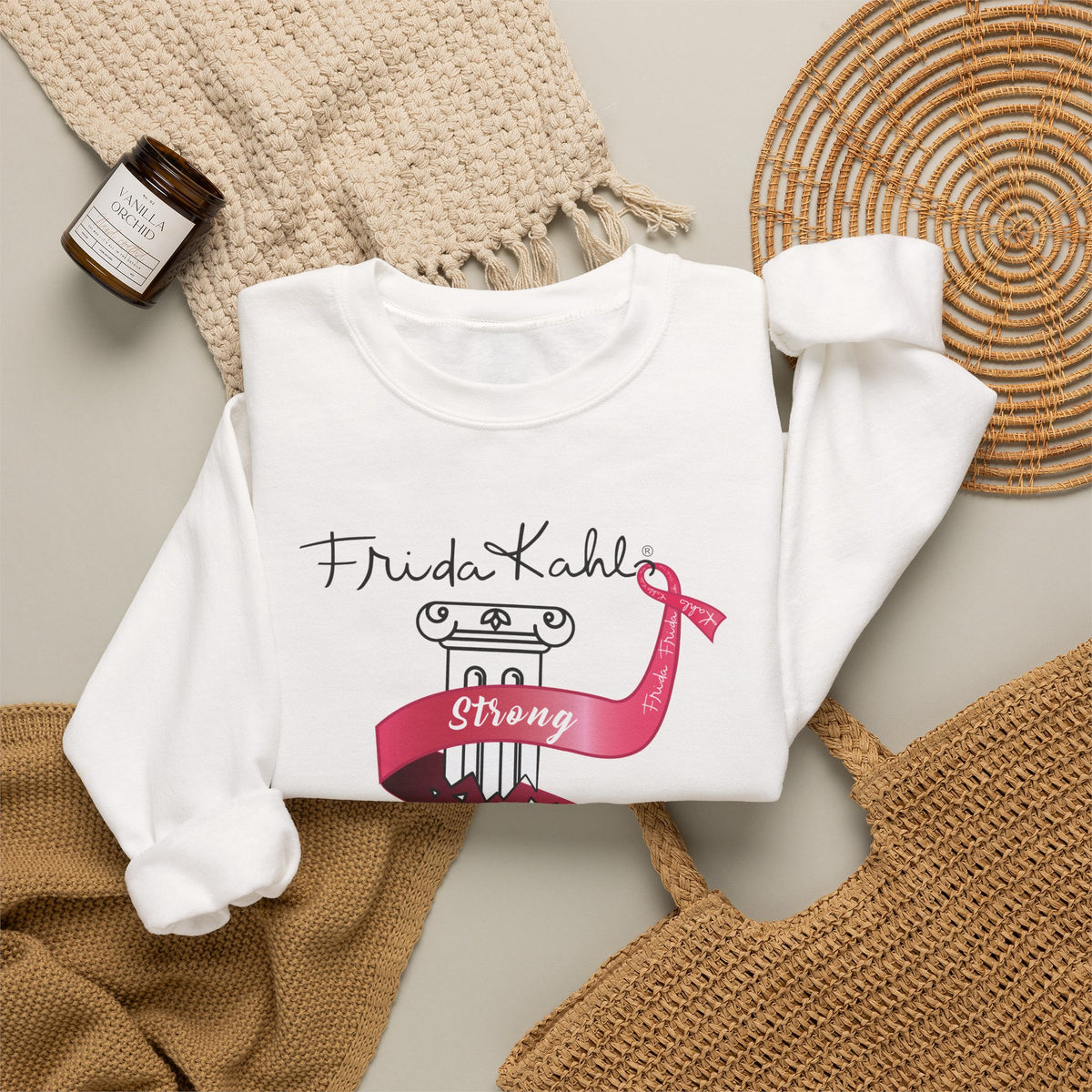 Frida Kahlo Pink Ribbon Banner Breast Cancer Awareness Sweatshirt