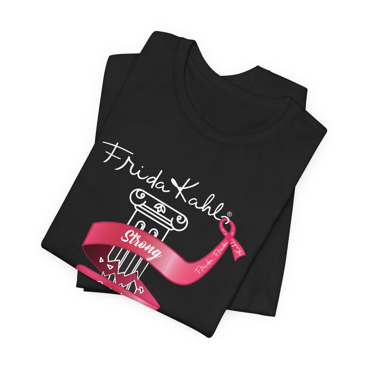 Frida Kahlo Pink Ribbon Banner Breast Cancer Awareness T-Shirt in Black, folded