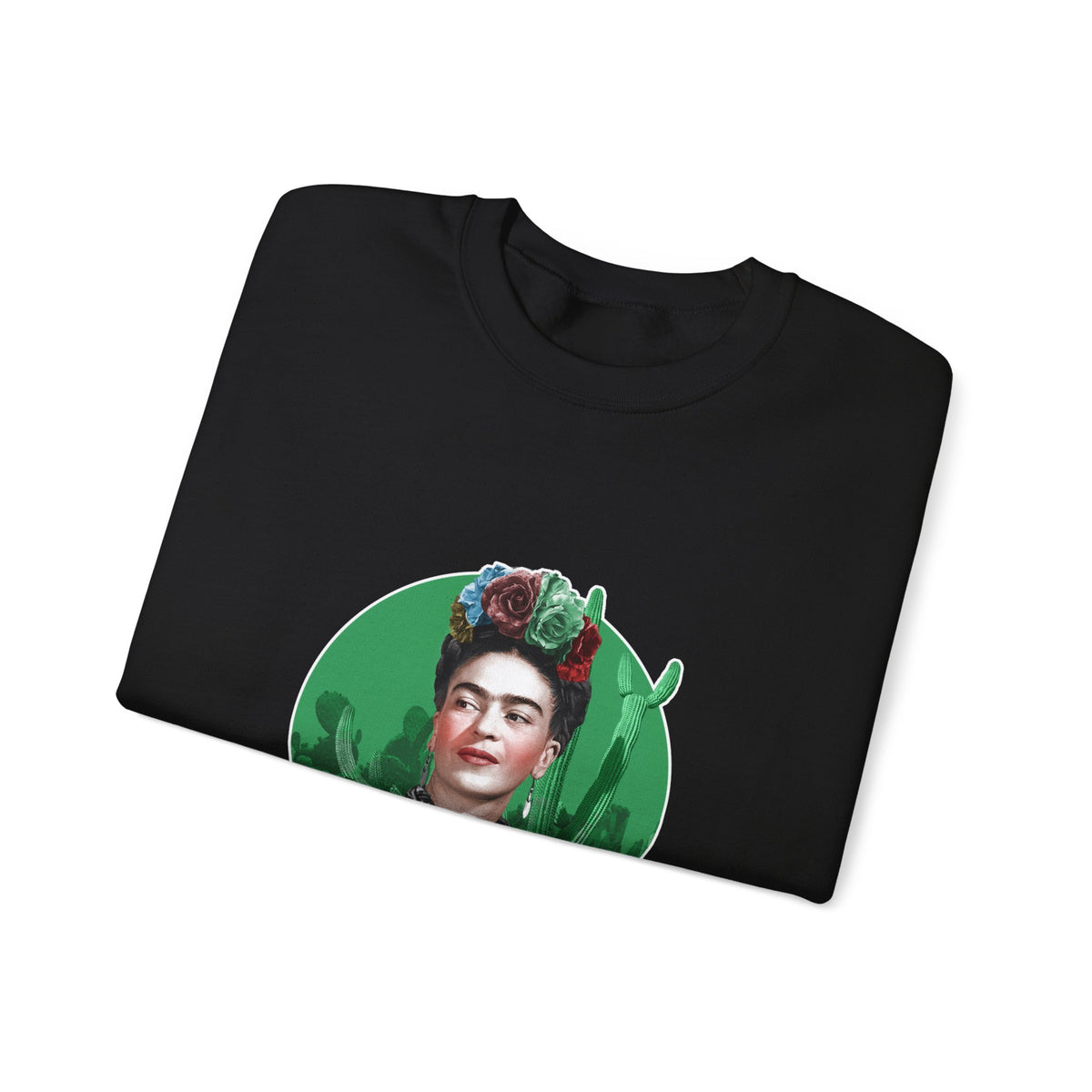 Frida Kahlo Cactus Garden Medallion Crewneck Sweatshirt in Black, folded