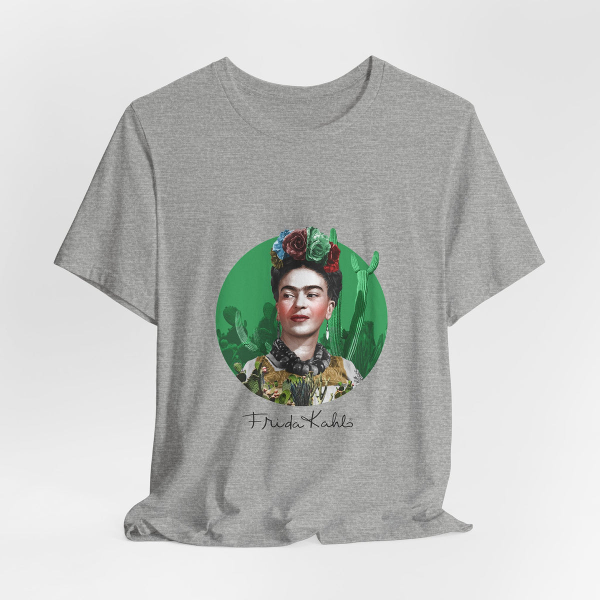 Frida Kahlo Cactus Garden Medallion T-Shirt in Athletic Heather, hanging