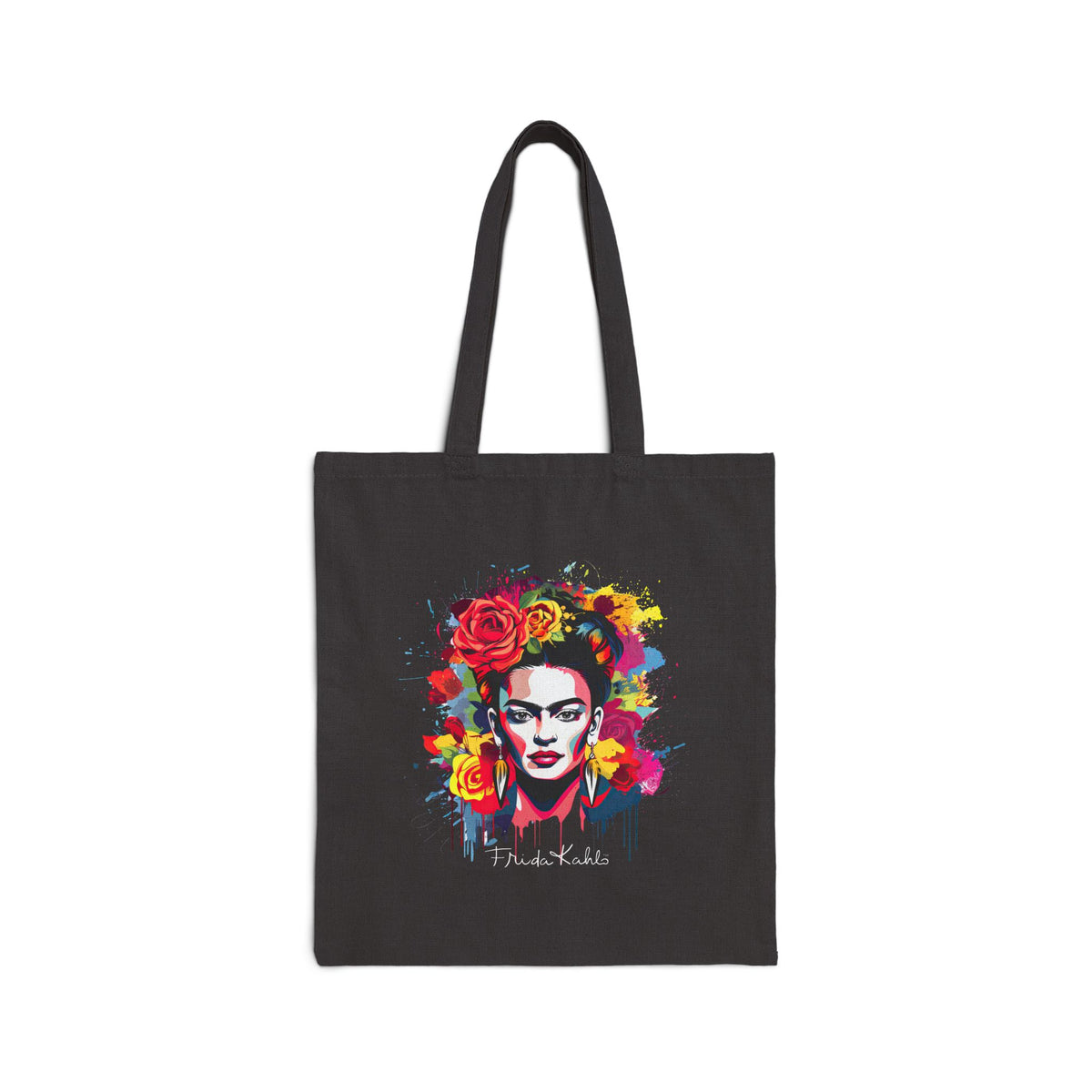 Frida Kahlo Bold Floral Crown Portrait Canvas Tote Bag in Black, front