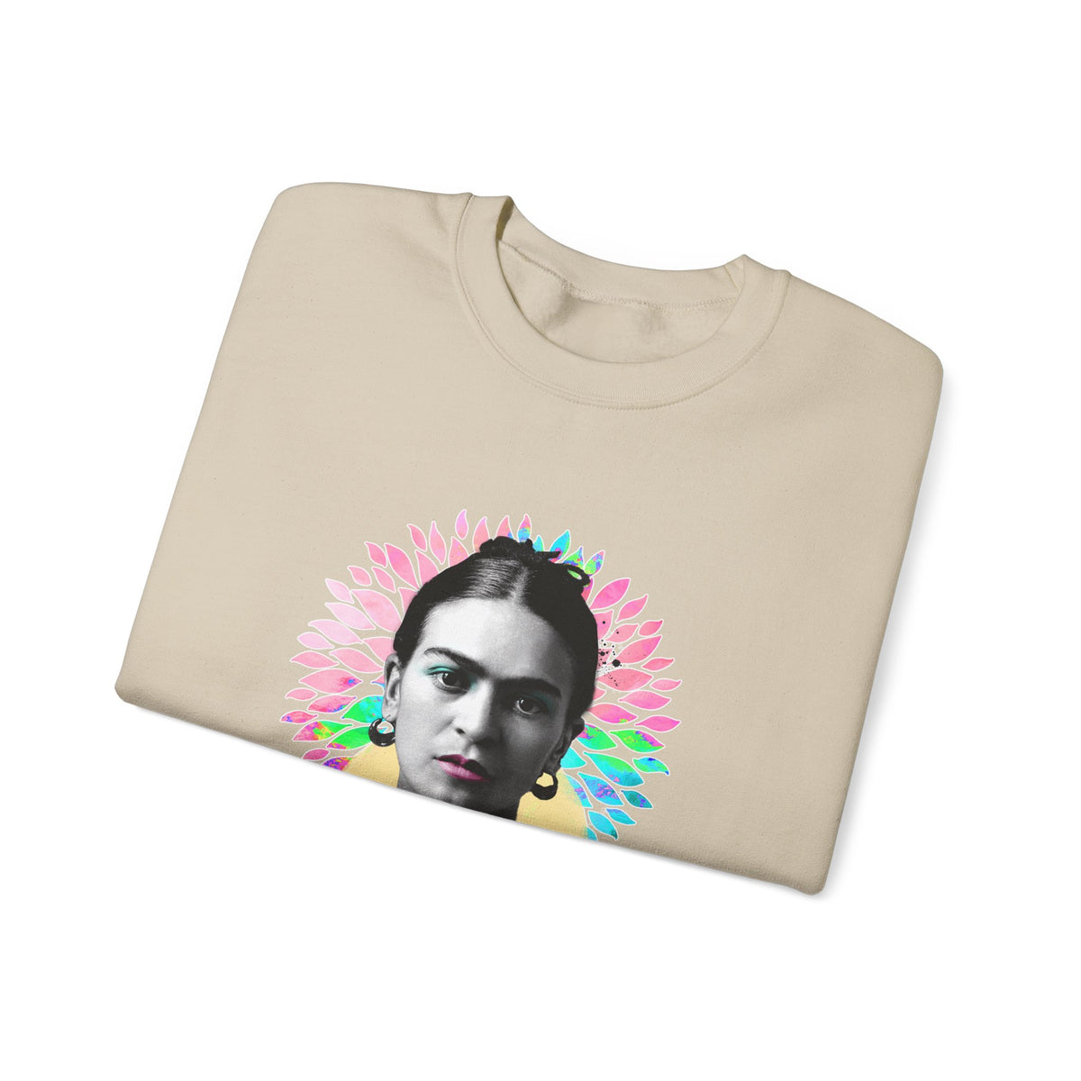 Frida Kahlo Flower Halo Portrait Crewneck Sweatshirt in Sand, folded