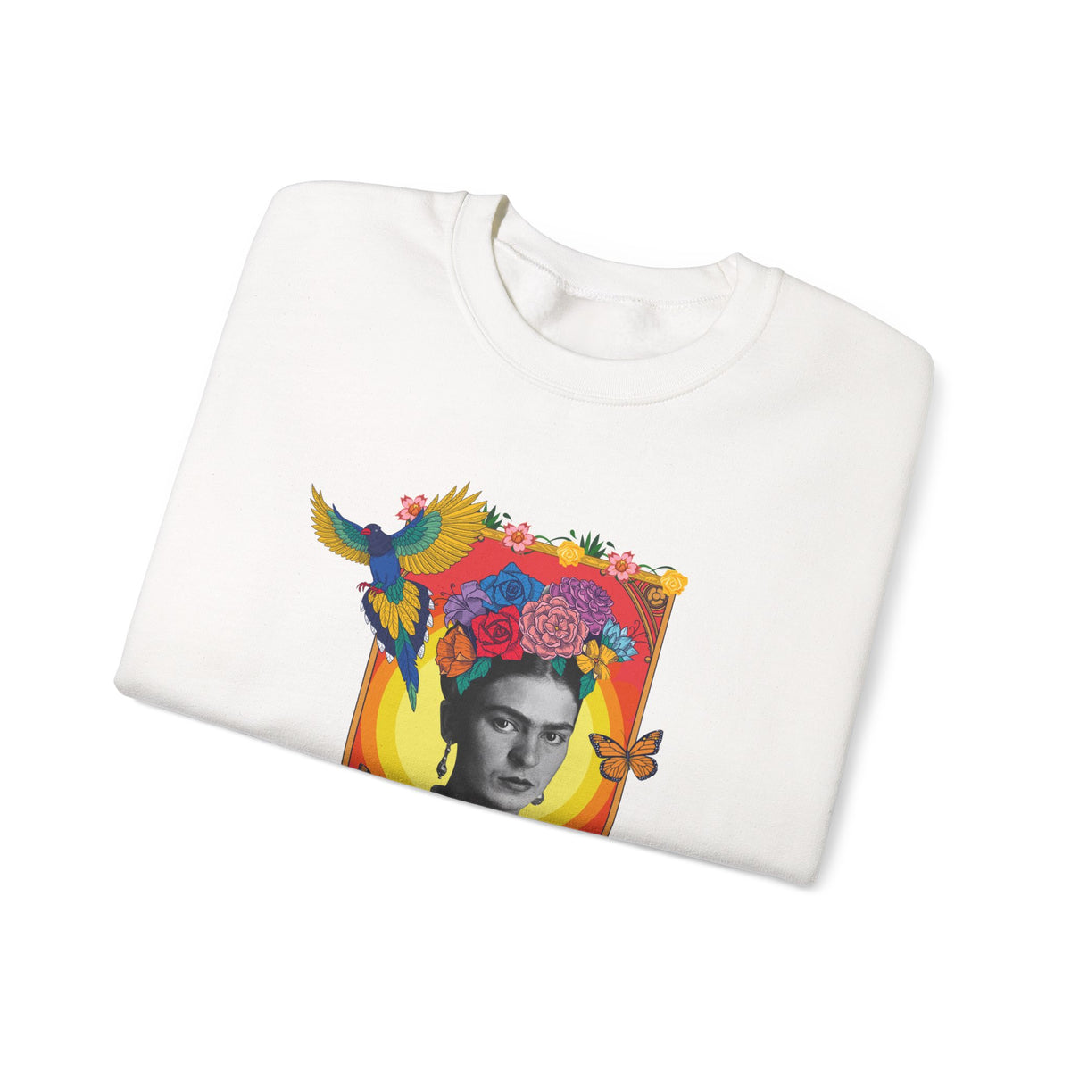 Frida Kahlo Hummingbird Golden Frame Crewneck Sweatshirt in White, folded
