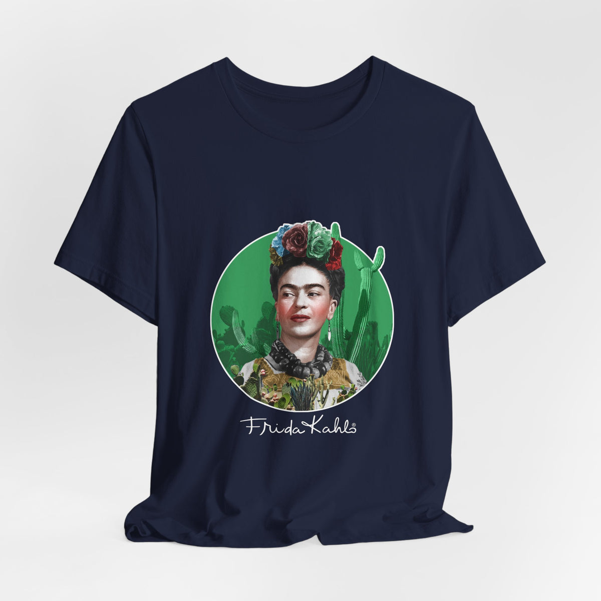 Frida Kahlo Cactus Garden Medallion T-Shirt in Navy, hanging