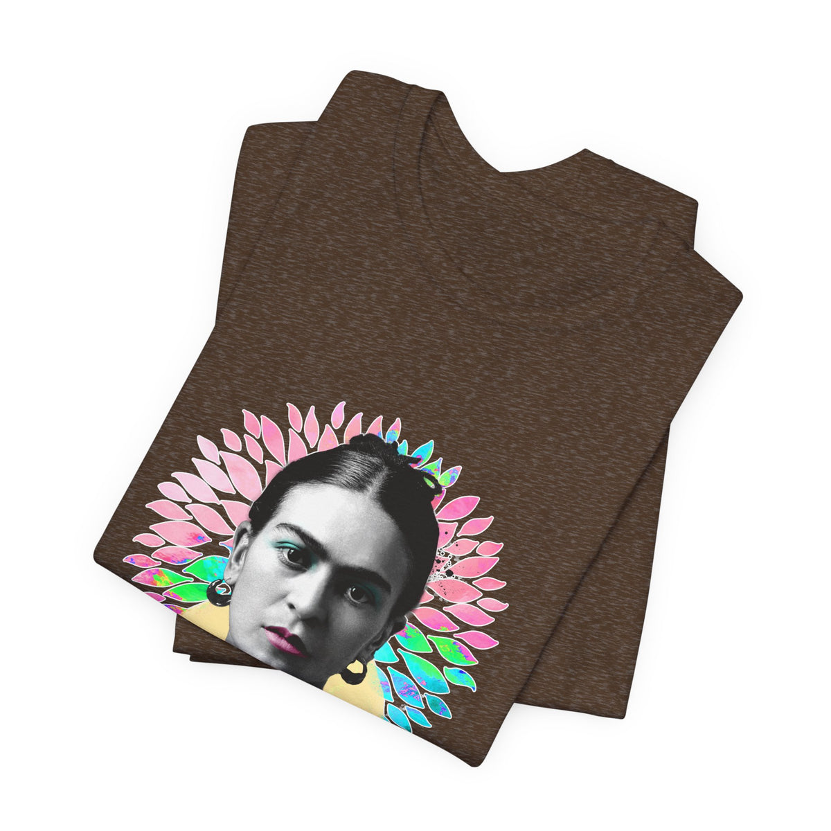 Frida Kahlo Flower Halo Portrait T-Shirt in Heather Brown, folded