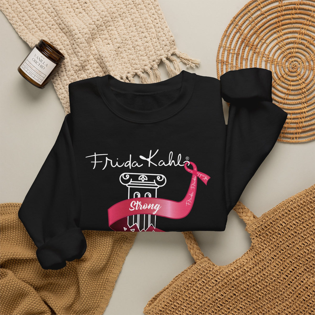 Frida Kahlo Pink Ribbon Banner Breast Cancer Awareness Sweatshirt in Black, flat lay styled