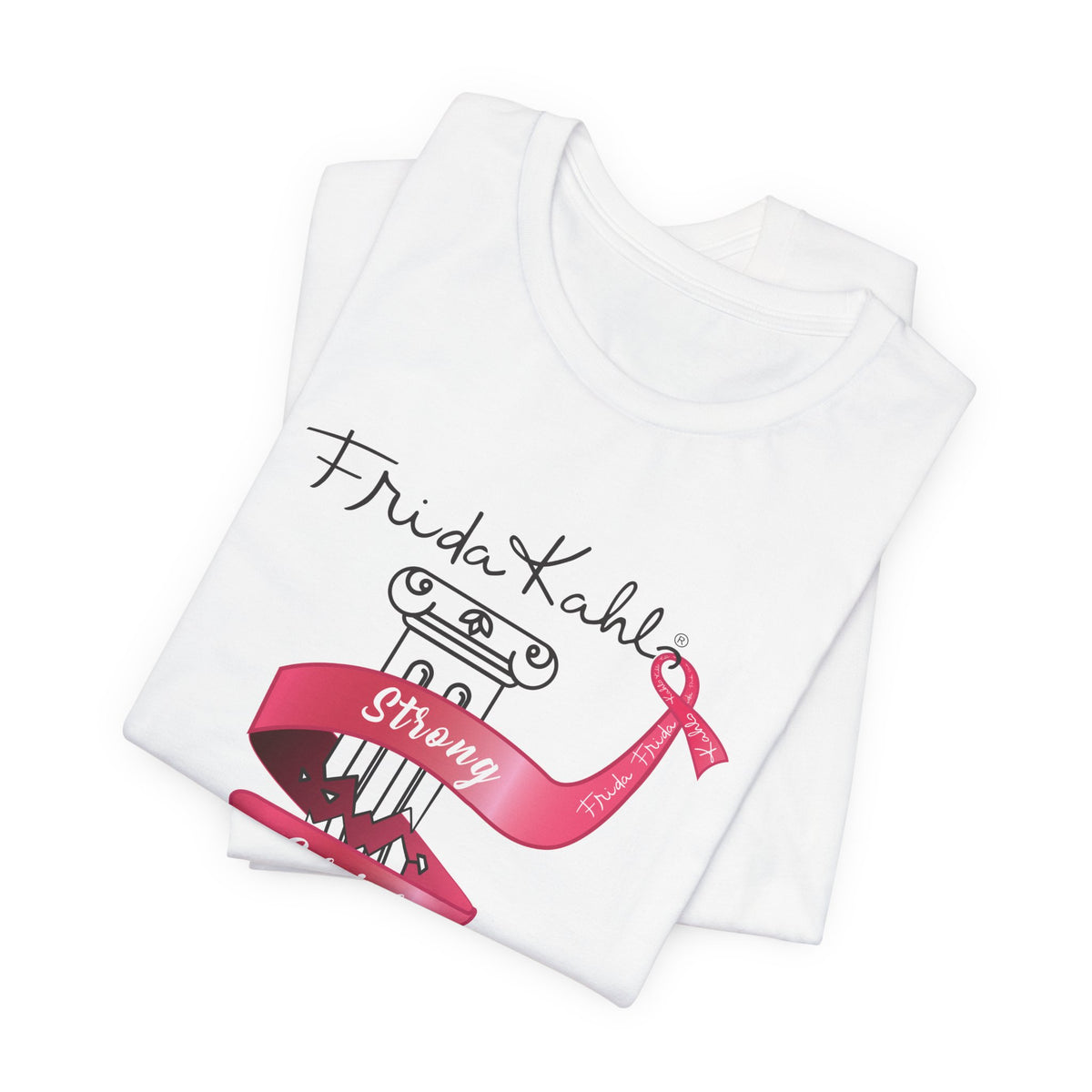 Frida Kahlo Pink Ribbon Banner Breast Cancer Awareness T-Shirt in White, folded