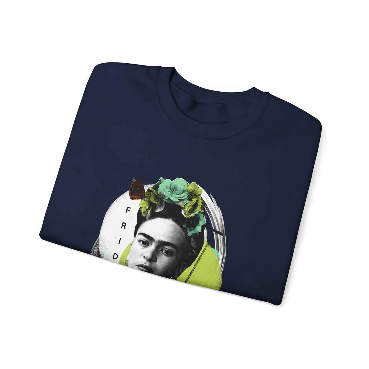 Frida Kahlo Modern Collage Portrait Crewneck Sweatshirt in Navy, folded