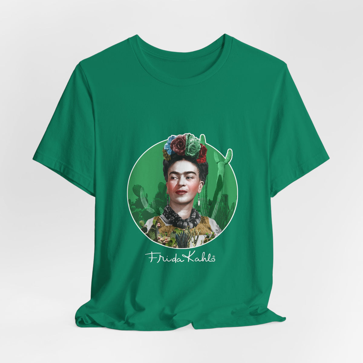 Frida Kahlo Cactus Garden Medallion T-Shirt in Kelly, hanging