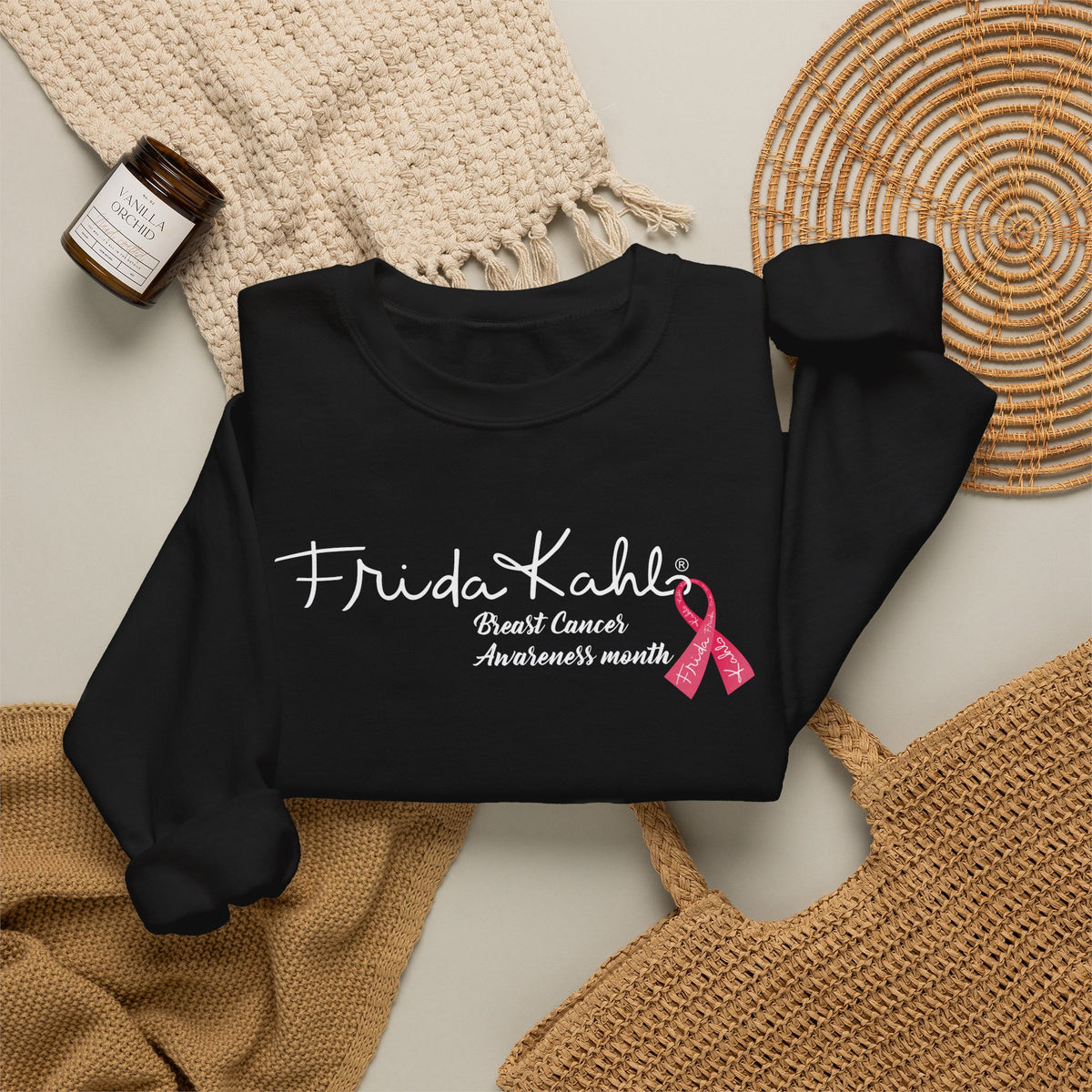 Frida Kahlo Signature Pink Ribbon Breast Cancer Awareness Sweatshirt in Black, flat lay styled