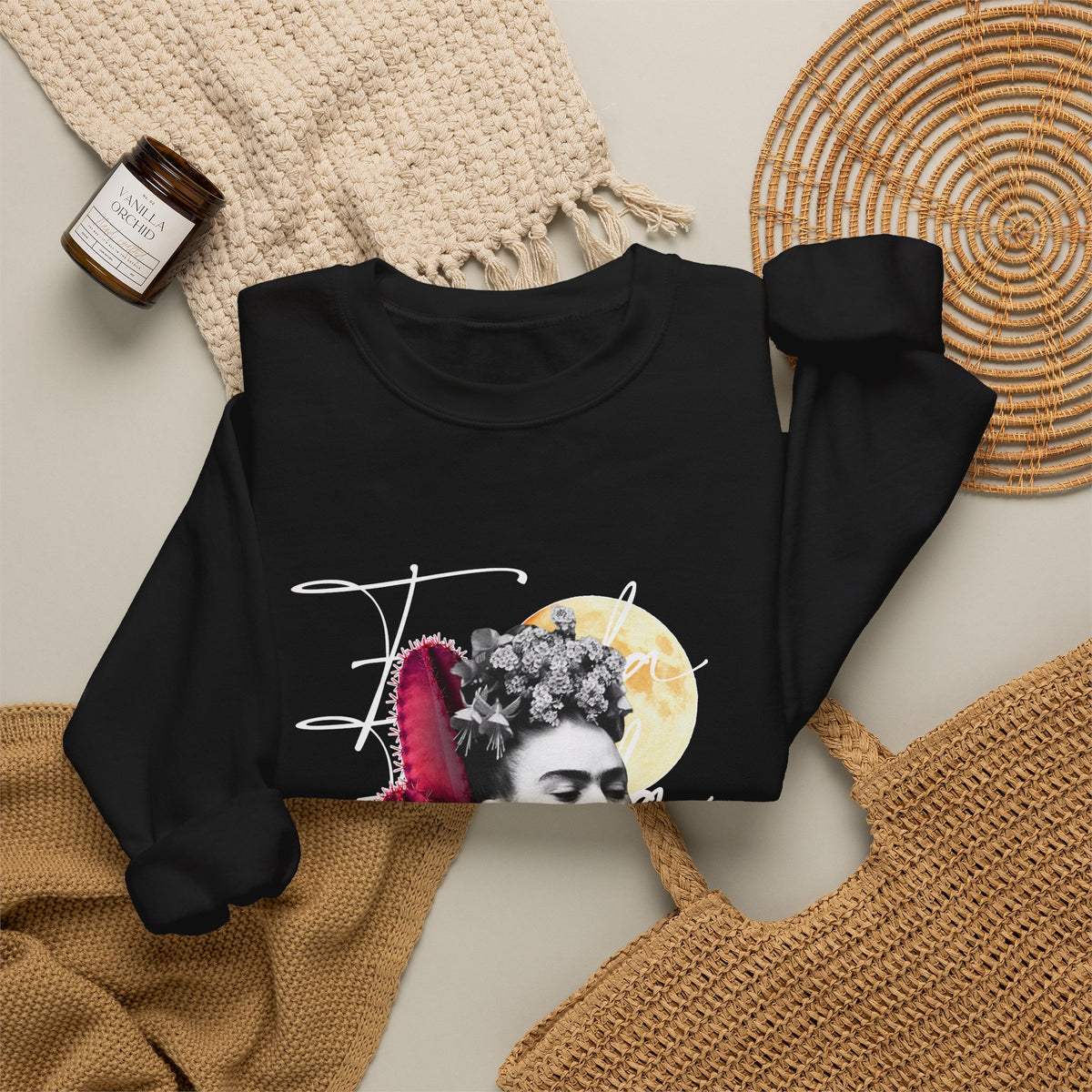 Frida Kahlo Moonlight Script Collage Crewneck Sweatshirt in Black, flat lay styled