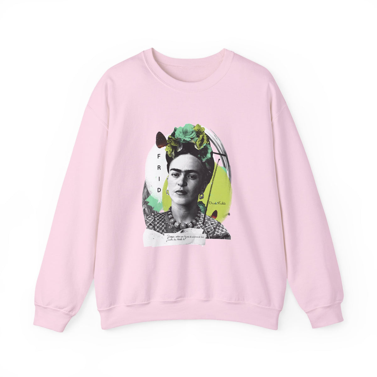 Frida Kahlo Modern Collage Portrait Crewneck Sweatshirt in Light Pink
