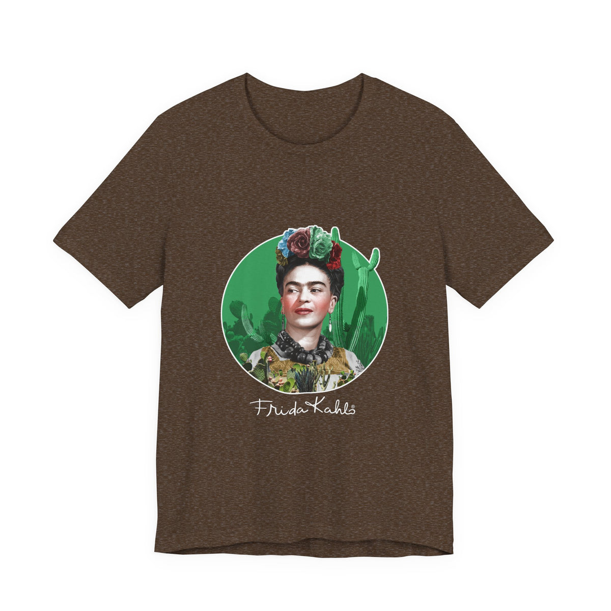 Frida Kahlo Cactus Garden Medallion T-Shirt in Heather Brown, front