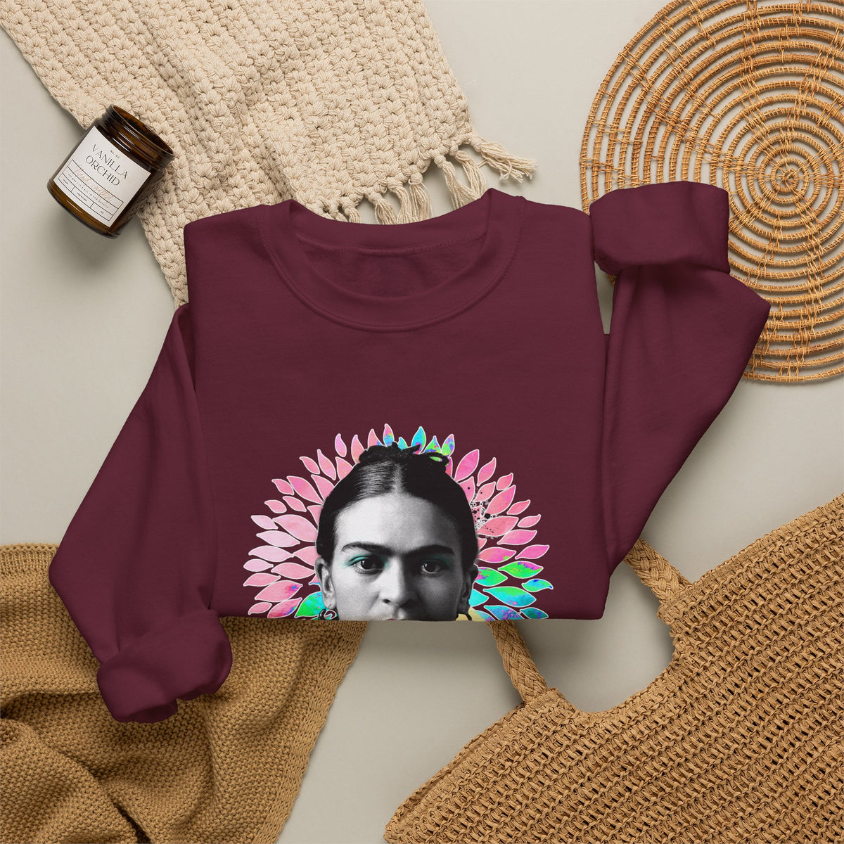 Frida Kahlo Flower Halo Portrait Crewneck Sweatshirt in Maroon, flat lay styled