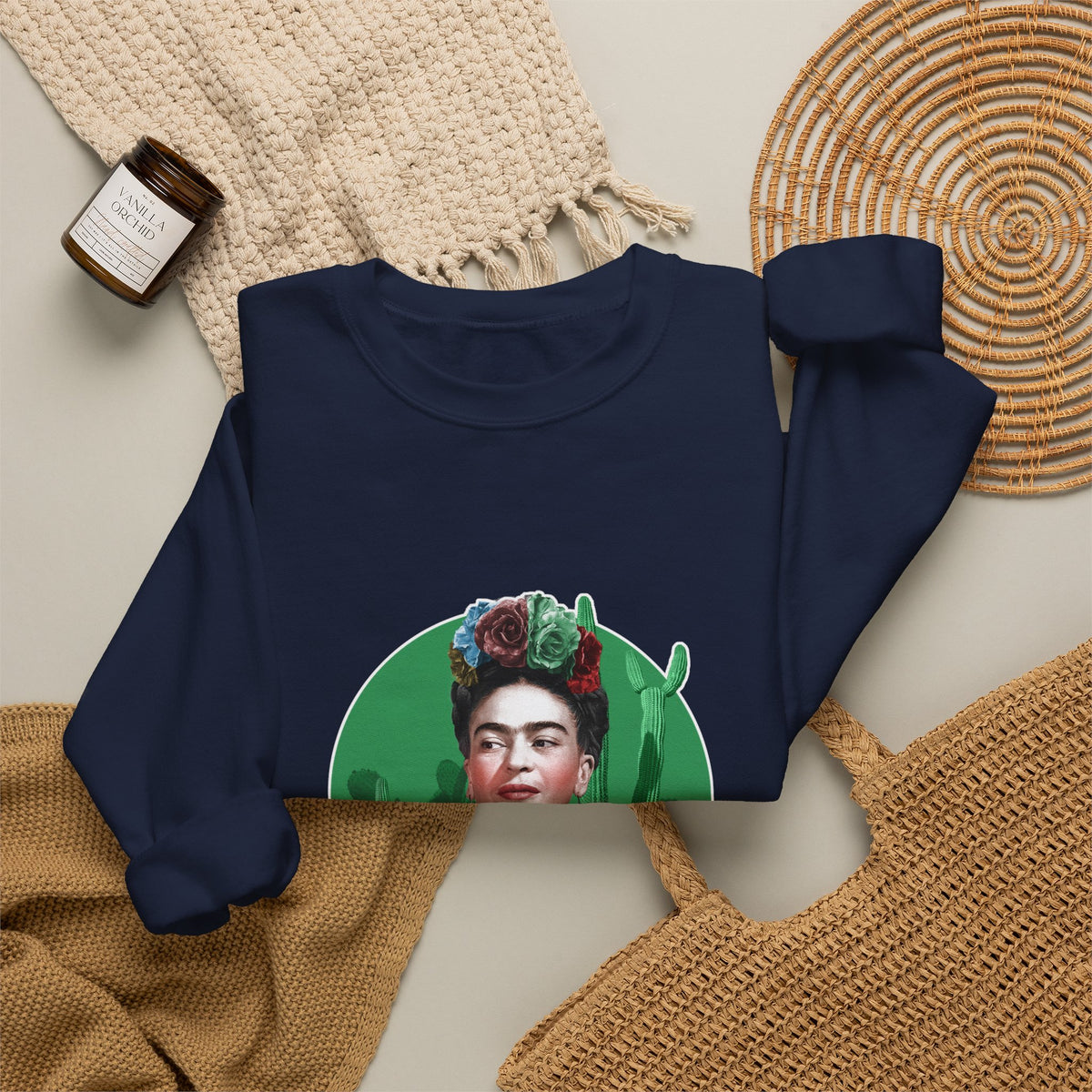Frida Kahlo Cactus Garden Medallion Crewneck Sweatshirt in Navy, flat lay styled