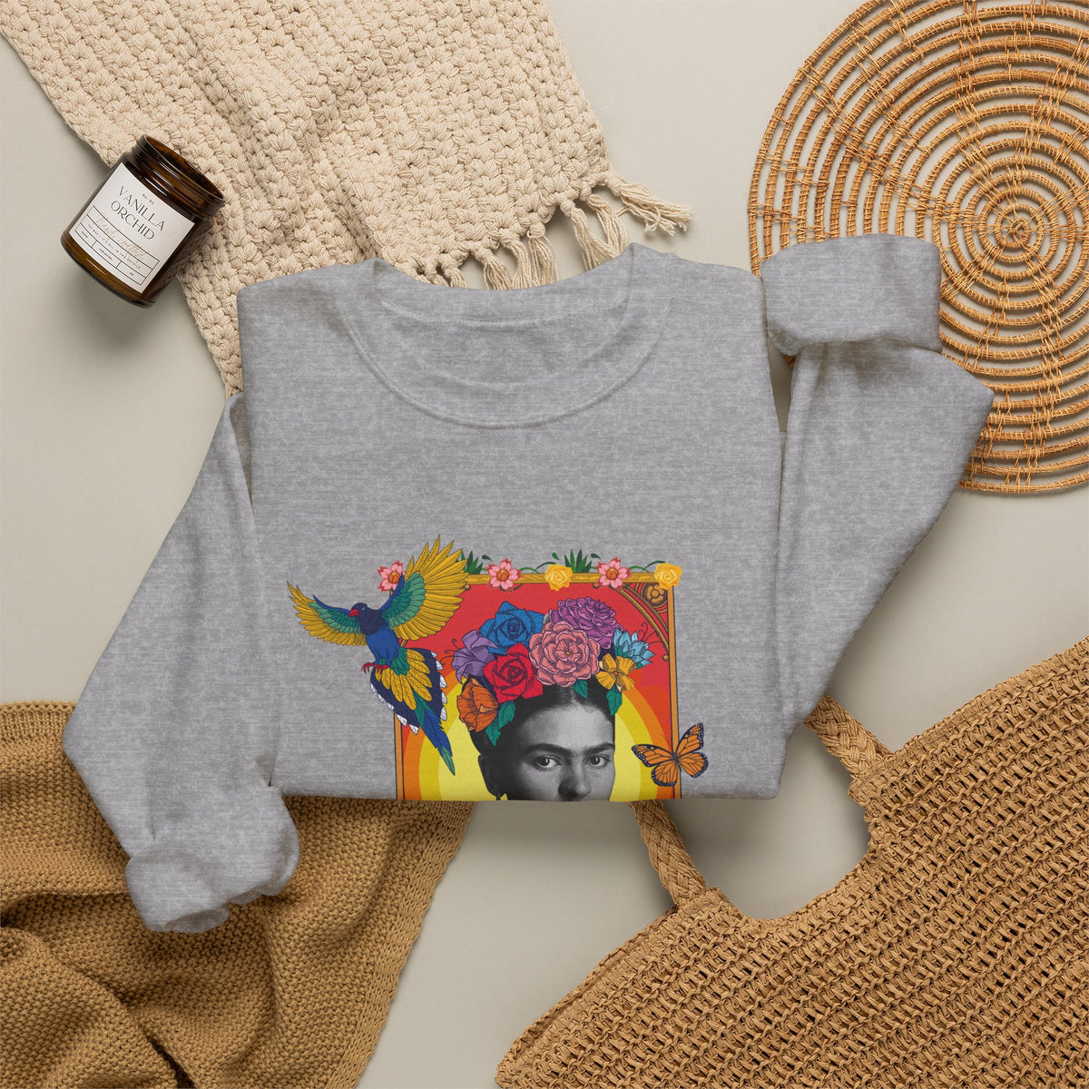 Frida Kahlo Hummingbird Golden Frame Crewneck Sweatshirt in Sport Grey, flat lay styled