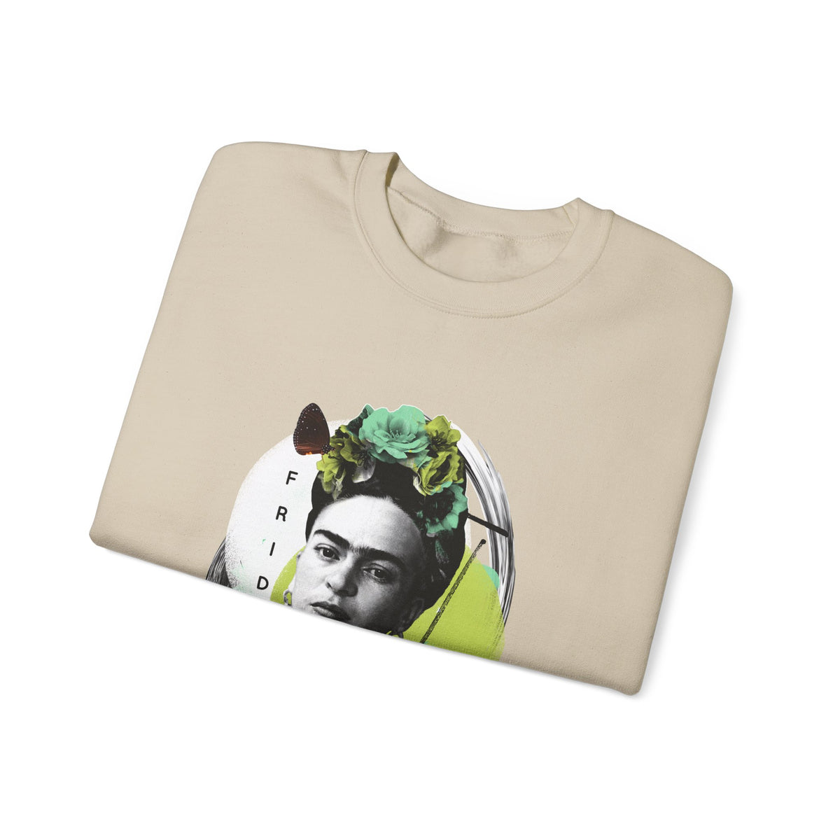 Frida Kahlo Modern Collage Portrait Crewneck Sweatshirt in Sand, folded