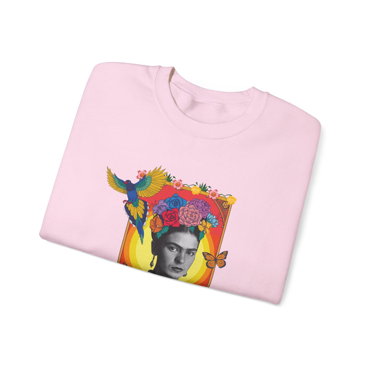 Frida Kahlo Hummingbird Golden Frame Crewneck Sweatshirt in Light Pink, folded