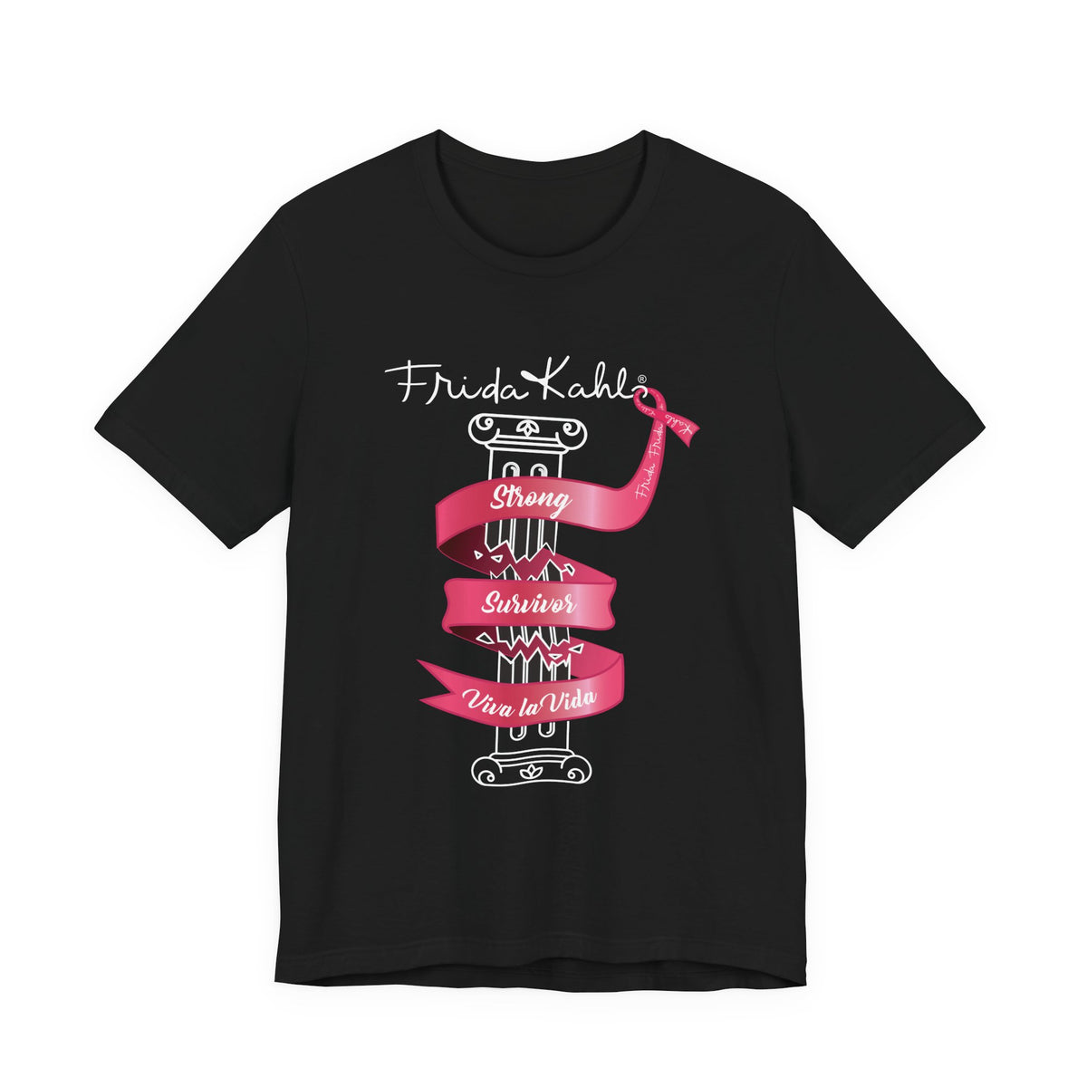 Frida Kahlo Pink Ribbon Banner Breast Cancer Awareness T-Shirt in Black