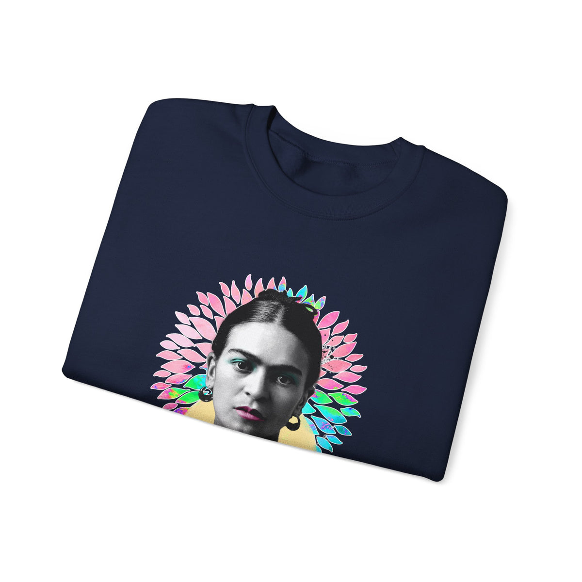 Frida Kahlo Flower Halo Portrait Crewneck Sweatshirt in Navy, folded