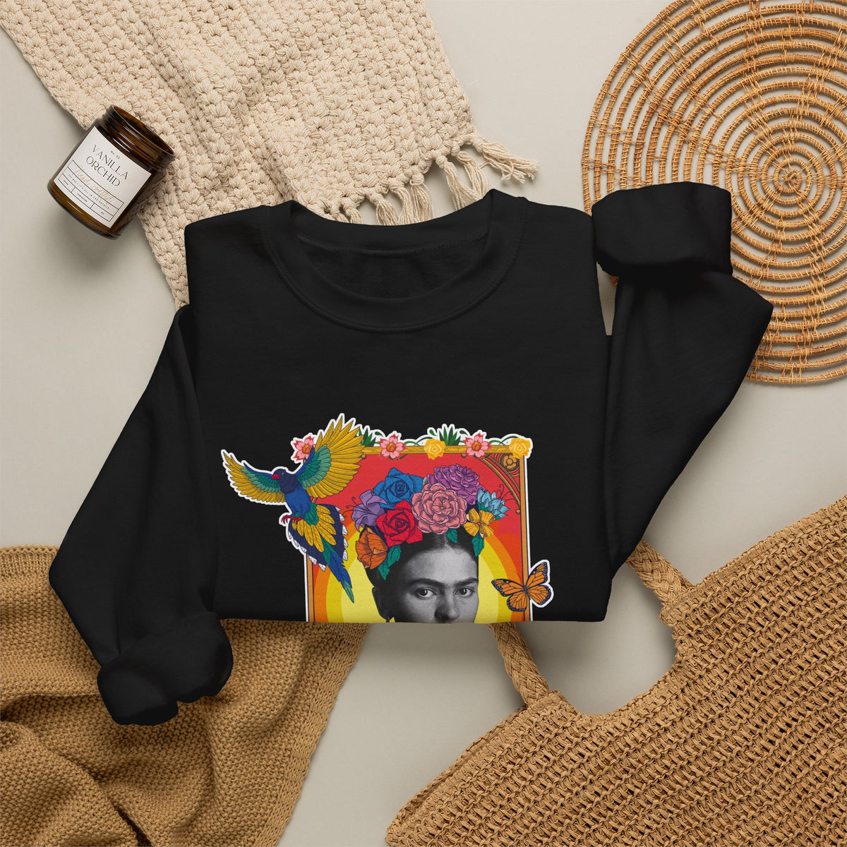 Frida Kahlo Hummingbird Golden Frame Crewneck Sweatshirt in Black, flat lay styled