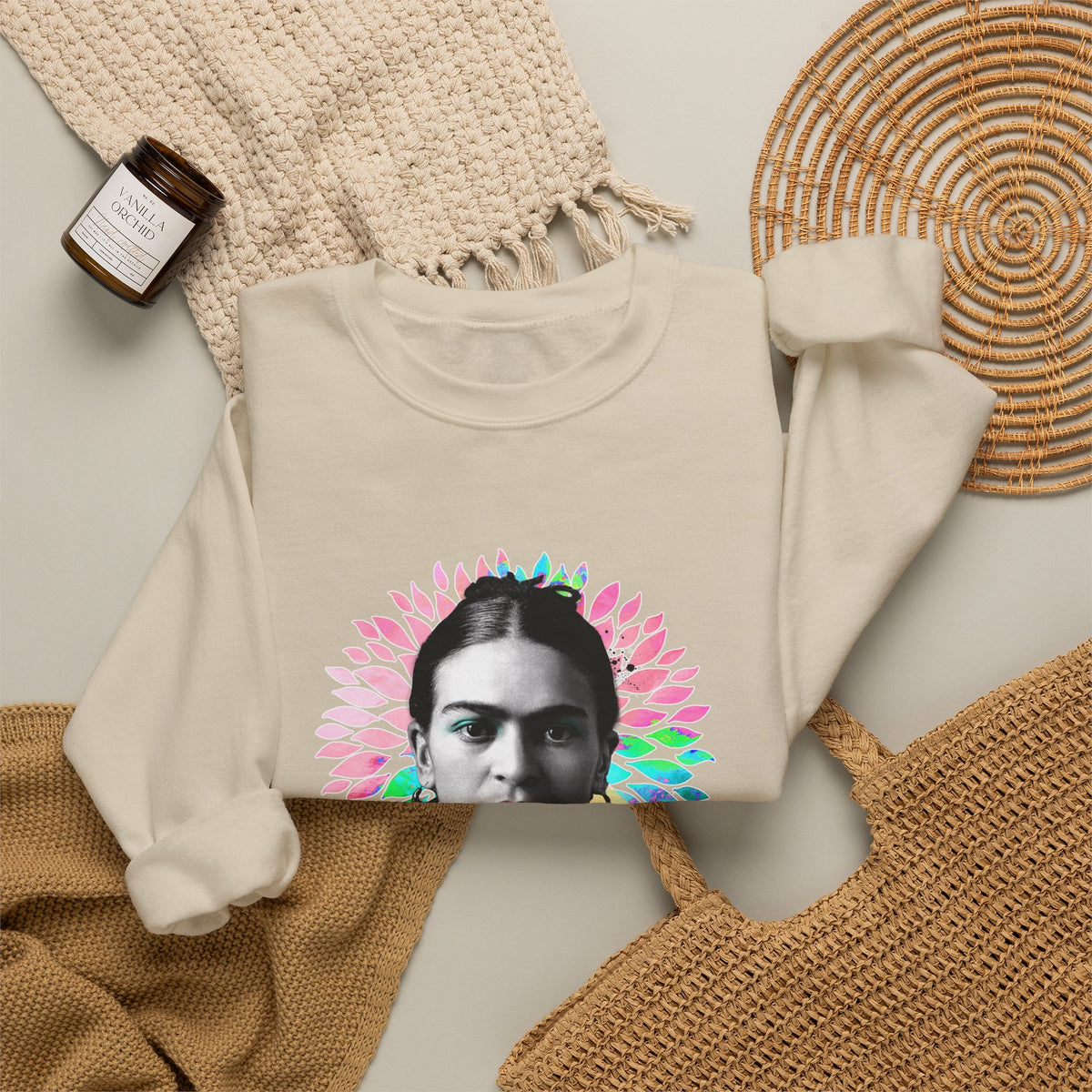 Frida Kahlo Flower Halo Portrait Crewneck Sweatshirt in Sand, flat lay styled