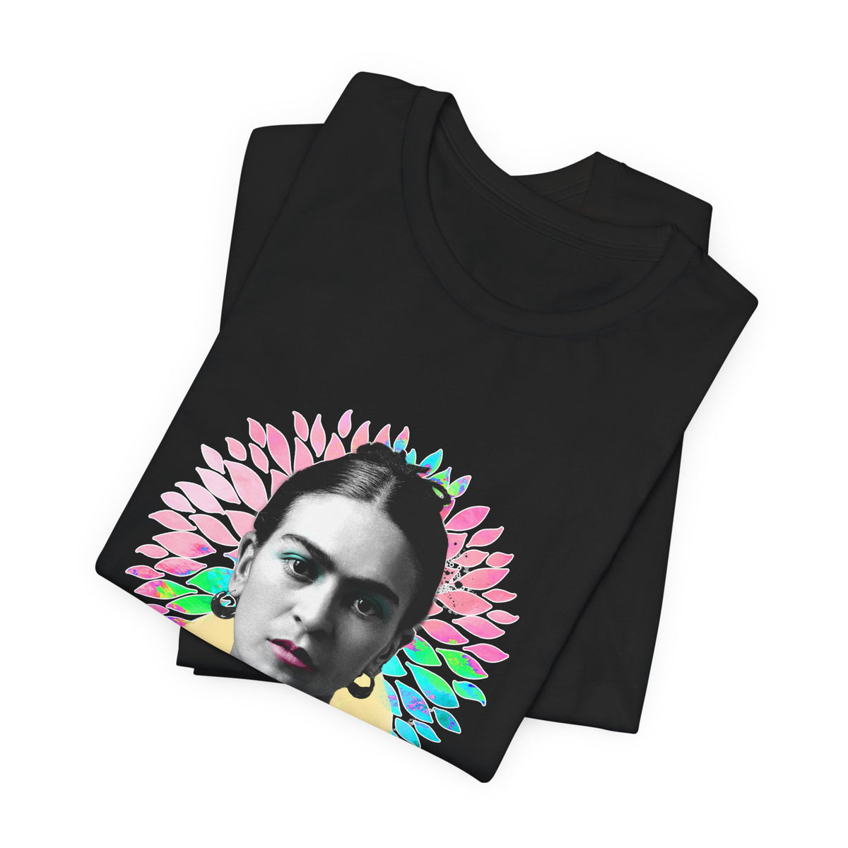 Frida Kahlo Flower Halo Portrait T-Shirt in Black, folded
