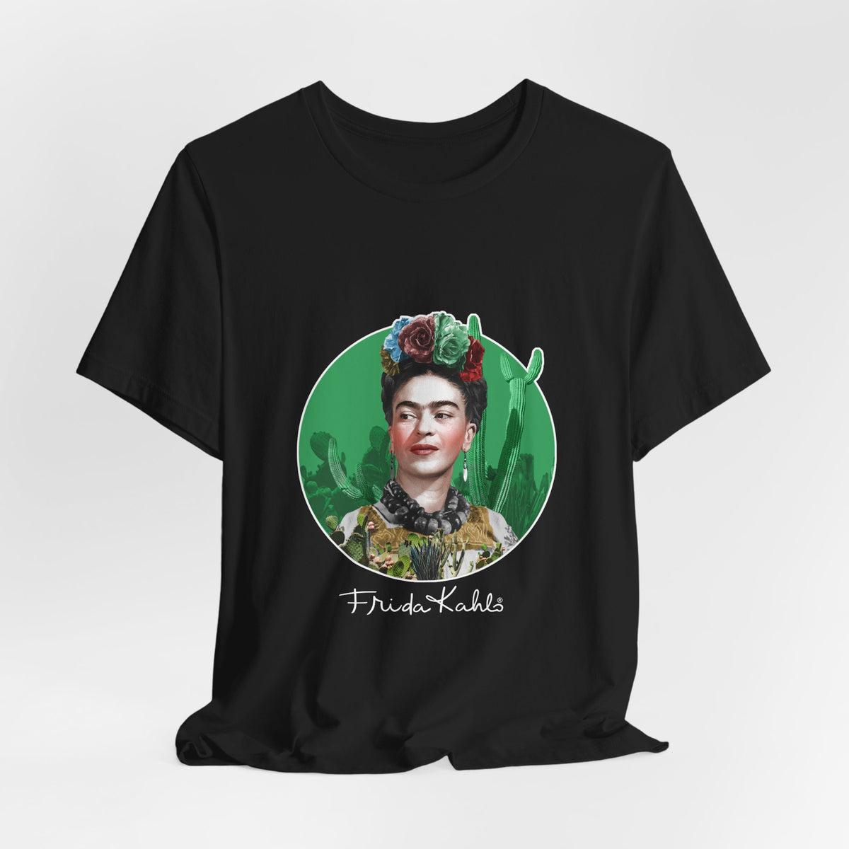 Frida Kahlo Cactus Garden Medallion T-Shirt in Black, hanging