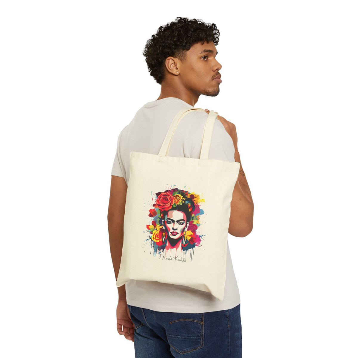 Frida Kahlo Bold Floral Crown Portrait Canvas Tote Bag in Natural, worn, front