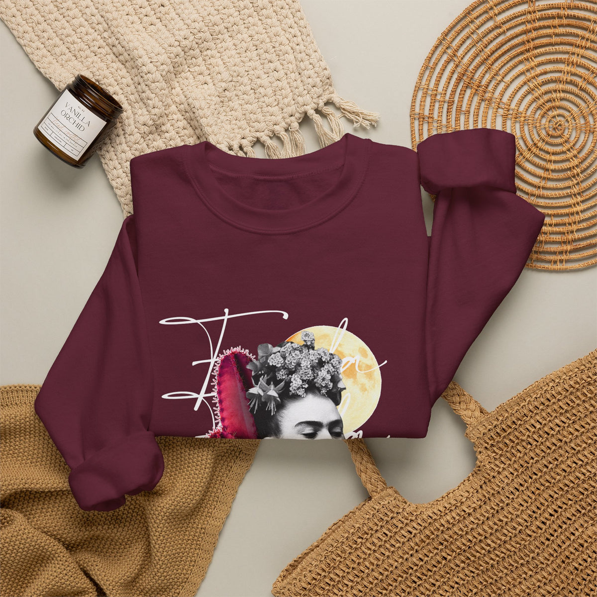 Frida Kahlo Moonlight Script Collage Crewneck Sweatshirt in Maroon, flat lay styled