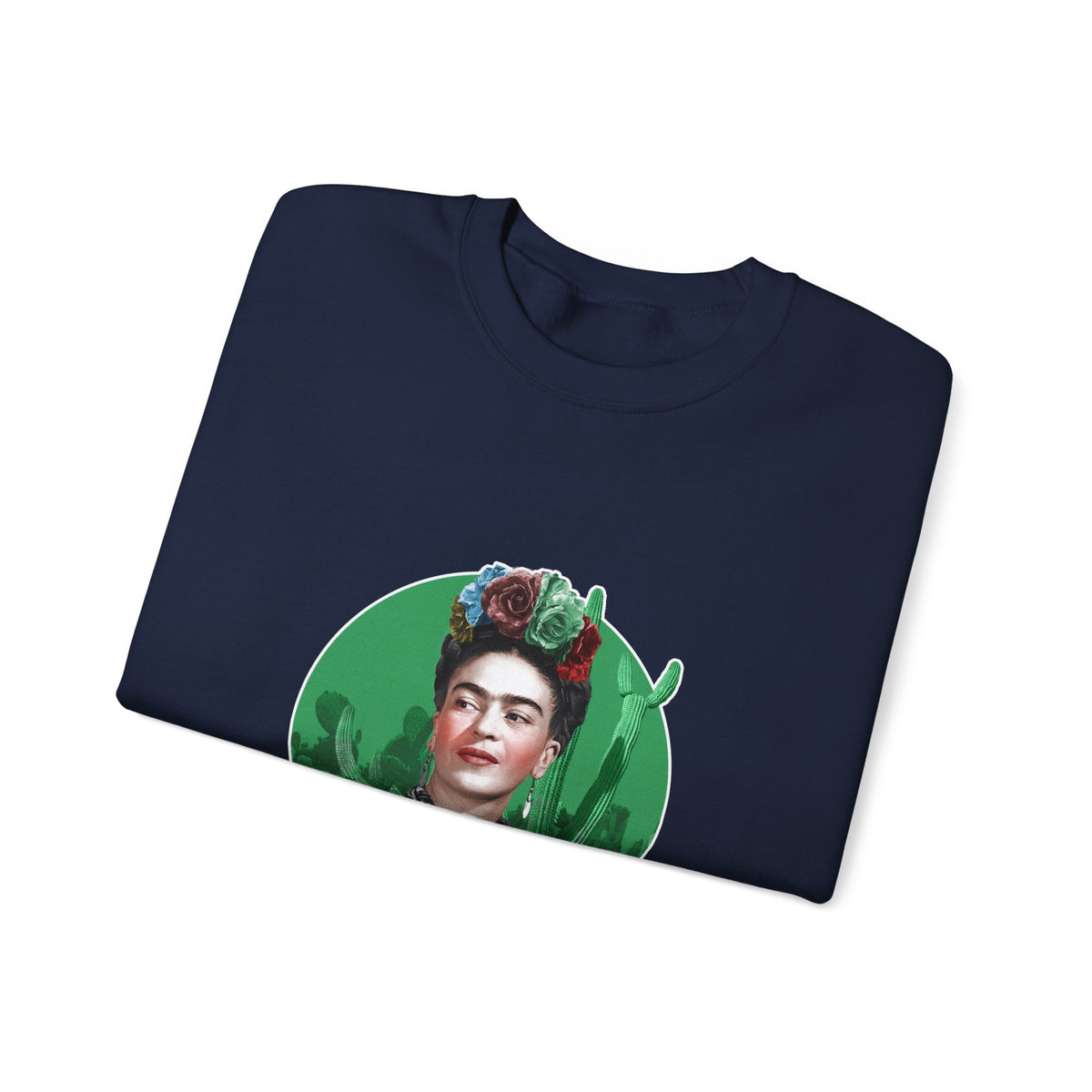 Frida Kahlo Cactus Garden Medallion Crewneck Sweatshirt in Navy, folded